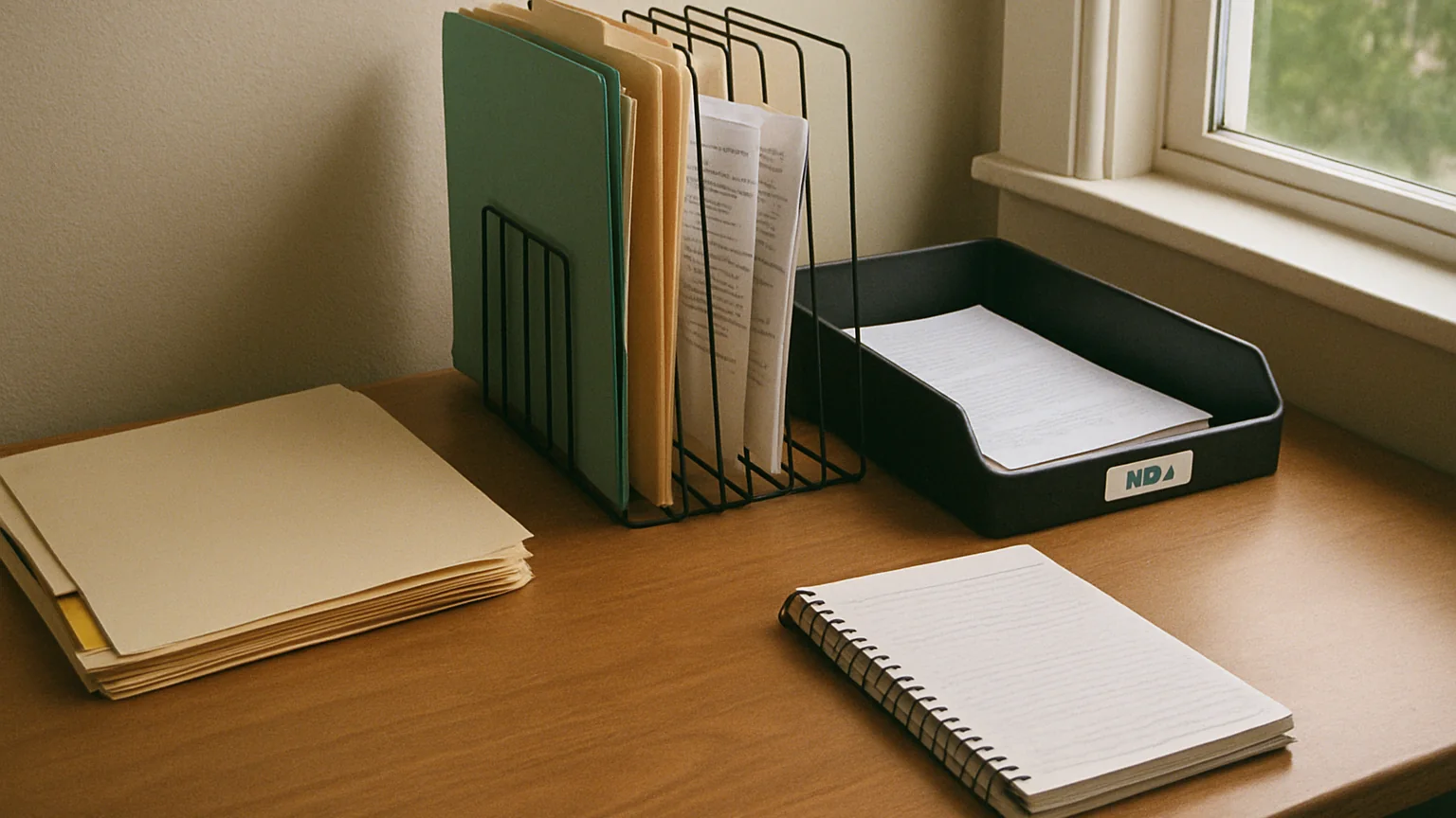 file folders and desktop paper organizer on a real office desk